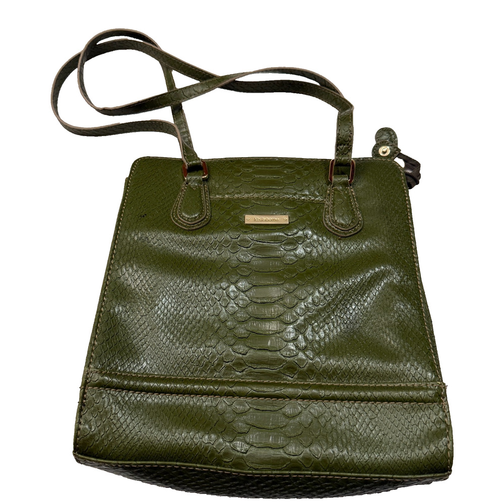 Liz Claiborne Olive Green Faux Leather Snakeskin Shoulder Tote Handbag Gold Tone
